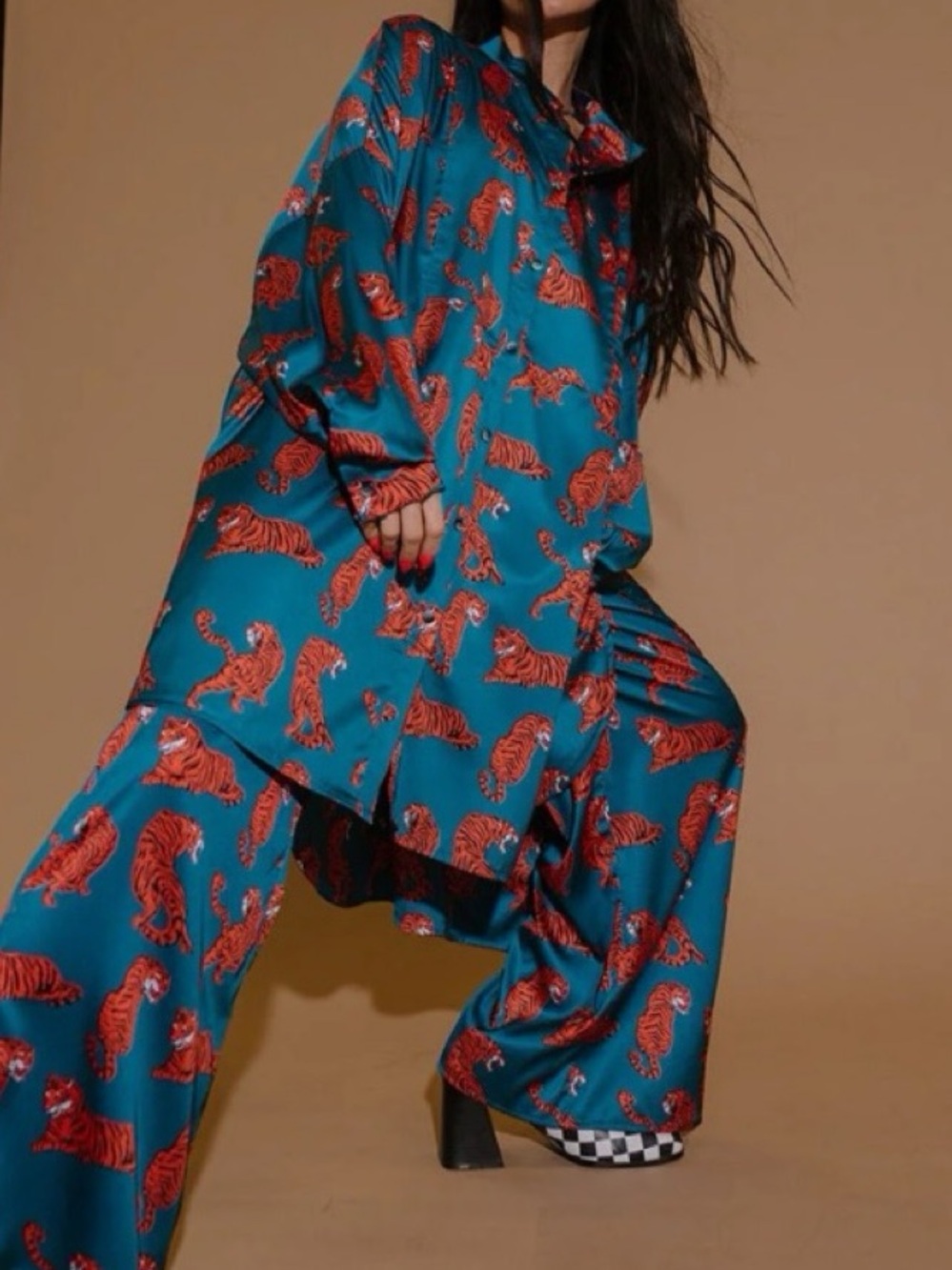 Dressed in LALA - Satin Playsuit Button Down - Tiger Print - Oversized Medium